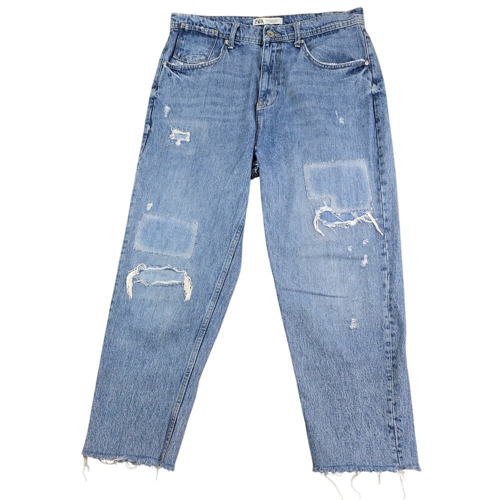 Zara Tapered Distressed Ankle Jeans Women's 32x24.5 Blue Cut Off Raw Hem Grunge‎